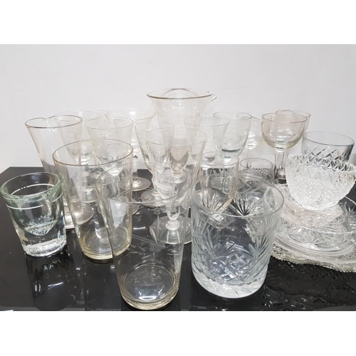 381 - GOOD LARGE LOT OF MIXED EDWARDIAN ETCHED DRINKING GLASSES, CUT CRYSTAL SALTS ETC