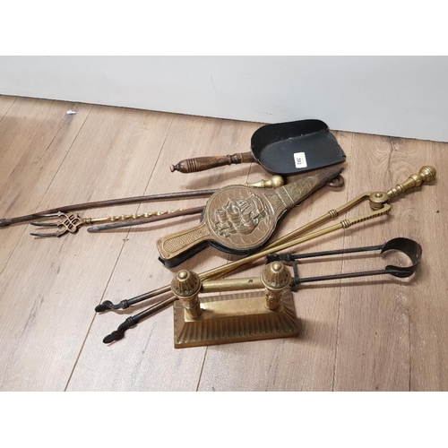 393 - BRASS FIRE COMPANION TOOLS WITH SMALL BELLOWS AND ANDIRON