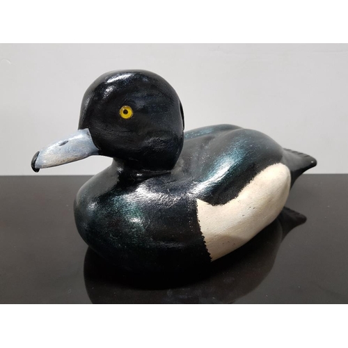 305 - CARVED WOOD TUFTED DUCK DECOY WITH INFO ON THE BOTTOM