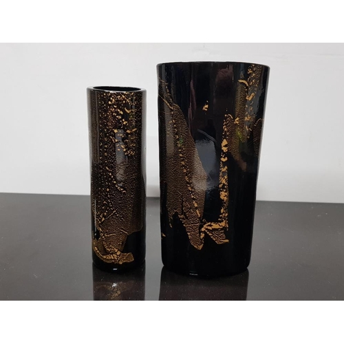 310 - TUBE VASE AND ELIPTIC ART GLASS VASE BY STUART STRATHEARN IN THE EBONY AND GOLD PATTERN DESIGN BY IS... 