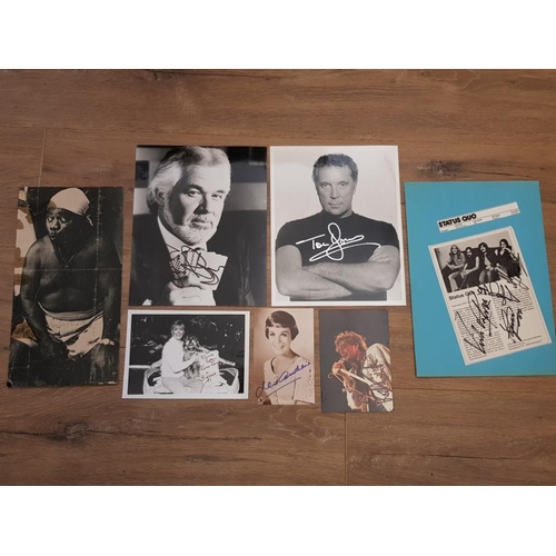 107 - 7 SIGNED PHOTOGRAPHS BY DORIS DAY, TOM JONES, KENNY ROGERS, ROD STEWART, STATUS QUO ALSO INCLUDES A ... 