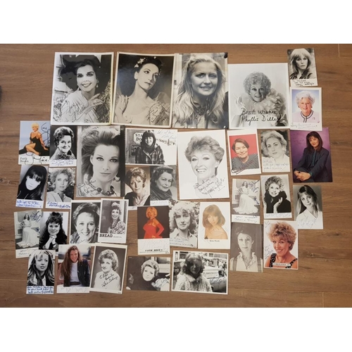 108 - LARGE QUANTITY OF SIGNED FEMALE ACTRESS POST CARDS AND PHOTOGRAPHS INCLUDING BERYL REID, GLENDA JACK... 