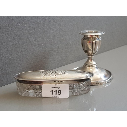 119 - HALLMARKED SILVER CANDLE HOLDER AND SILVER HALLMARKED TRINKET OVAL SHAPED CRYSTAL BOX  72.2G