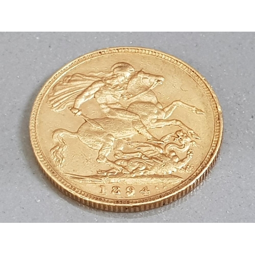 13 - 22CT GOLD 1894 FULL SOVEREIGN COIN