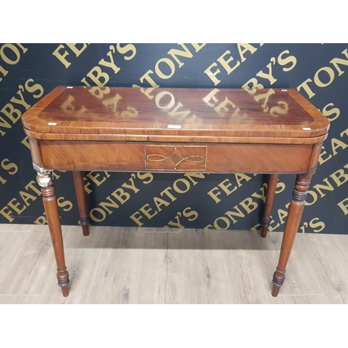 137 - ANTIQUE CIRCA 1840 CROSS BANDED FLAMED MAHOGANY TURN OVER TOP TEA TABLE WITH ORIGINAL BRASS HINGES A... 