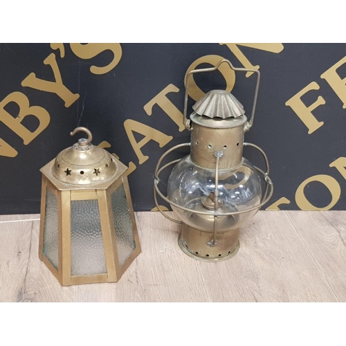 148 - A VINTAGE BRASS HANGING OIL LAMP TOGETHER WITH ONE OTHER BRASS ITEM