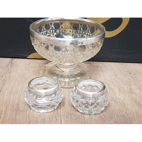 153 - A PAIR OF SILVER RIMMED CHESTER HALLMARKED 1870 CRYSTAL INK WELLS TOGETHER WITH CRYSTAL CENTRE BOWL ... 