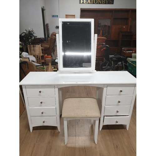 158 - A MODERN WHITE MIRROR BACKED DRESSING TABLE WITH STOOL