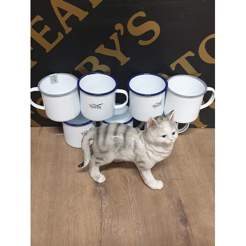 169 - 7 550ML ENAMEL MUGS TOGETHER WITH LARGECAT ORNAMENT 23CM BY 21CM