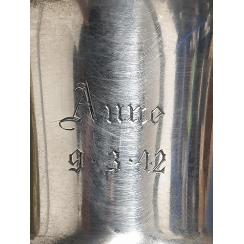 179 - SOLID SILVER 1937 BIRMINGHAM HALLMARKED SMALL TANKARD ETCHED WITH ANNE 9.3.1942 53.9GRAMS