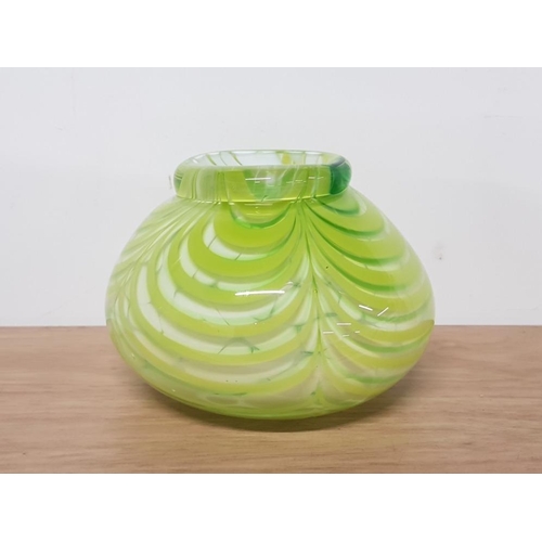 188 - CASED GREEN AND WHITE MOUTH BLOWN PULLED FEATHER 4 INCH ART GLASS VASE WITH ROUGH PONTIL