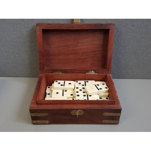 208 - VINTAGE INLAID BRASS BOX CONTAINING A FULL DOMINOS SET