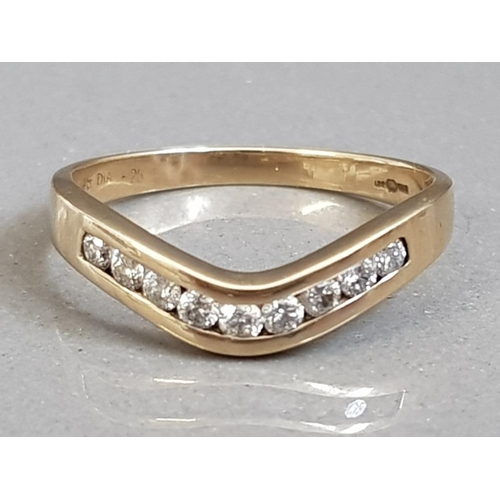 228 - 9CT YELLOW GOLD HALF ETERNITY WISHBONE DIAMOND RING, SET WITH 9 DIAMONDS O.25CTS