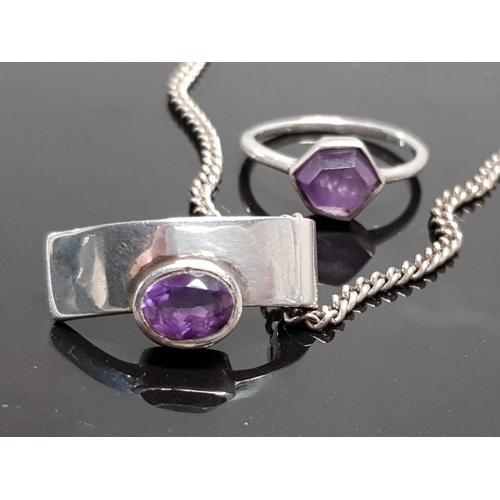 239 - HALLMARKED 925 SILVER CHAIN AND PURPLE STONE PENDANT WITH MATCHING RING SIZE Q