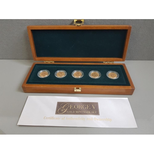 24 - GOLD KING GEORGE V SOVEREIGN MINT MARK SET OF FIVE WITH MINT MARK'S OF LONDON BOMBAY OTTAWA AND TWO ... 