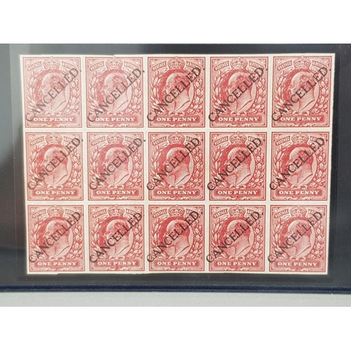 27 - STAMPS 1911 1D SCARLET IMPERFORATE BLOCK OF 15 ON GUMMED WATERMARKED PAPER OVER PRINTED 'CANCELLED' ... 