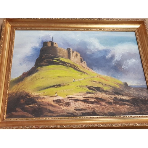 277 - FRAMED OIL PAINTING OF LINDISFARNE CASTLE BY JIM PARRACK 39CM BY 29CM