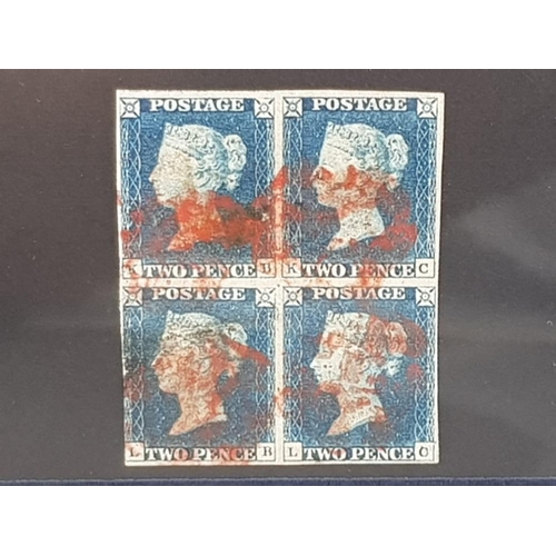 28 - STAMPS 1840 TWOPENCE BLUE PLATE 1 BLOCK OF FOUR (KB-LC) CLOSE OR TOUCHED MARGIN AT LOWER LEFT BUT GO... 