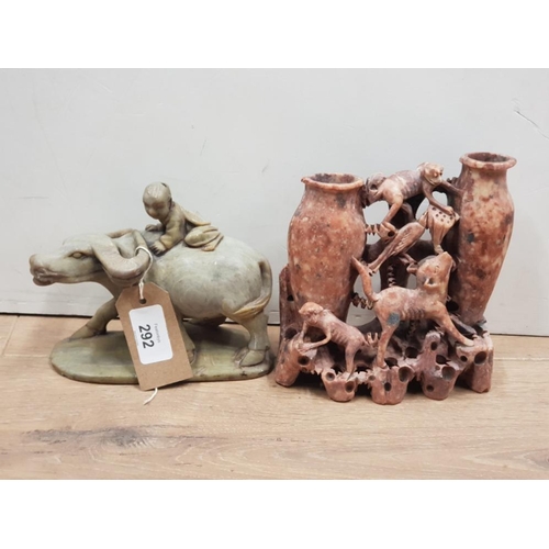 292 - CHINESE CARVED STONE WATER BUFFALO TOGETHER WITH A CARVED STONE DOUBLE BUD VASE WITH PIG MONKEYS AND... 