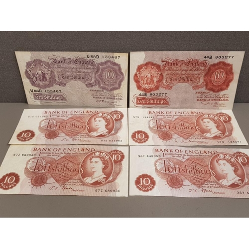 58 - 1940-48 10 SHILLING BANKNOTES MAUVE PEPPIATT, 1949-55 10 SHILLING BROWN BEALE, PLUS 4 PATER 10 SHILL... 