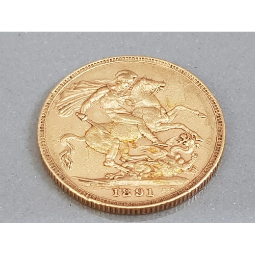 9 - 22CT GOLD 1891 FULL SOVEREIGN COIN