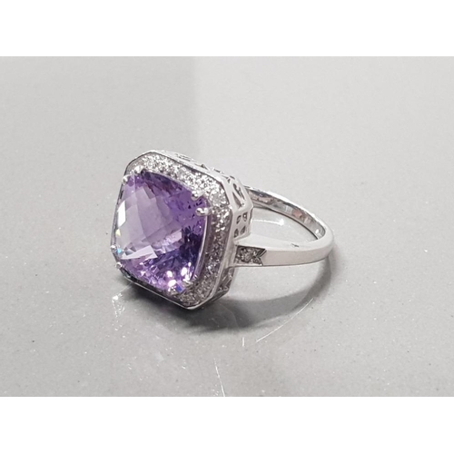 214 - 9CT WHITE GOLD PURPLE AND DIAMOND RING SIZE T 6.6 GRAMS