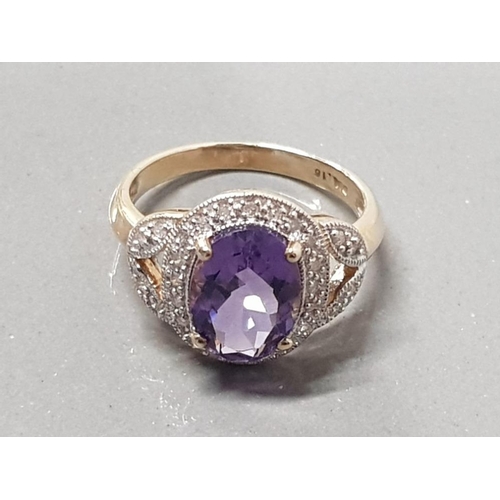 215 - 9CT YELLOW GOLD AMETHYST AND DIAMOND RING SIZE P 4.2GRAMS