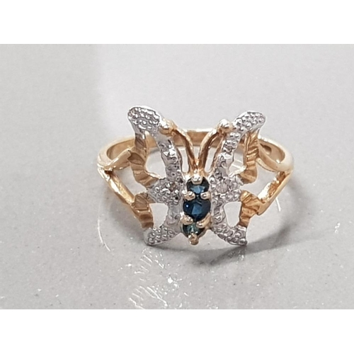 216 - 9CT YELLOW GOLD DIAMOND AND SAPPHIRE BUTTERFLY RING SIZE N1/2 2GRAMS