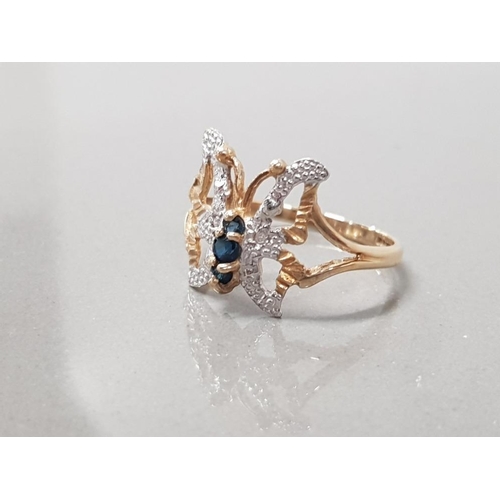 216 - 9CT YELLOW GOLD DIAMOND AND SAPPHIRE BUTTERFLY RING SIZE N1/2 2GRAMS