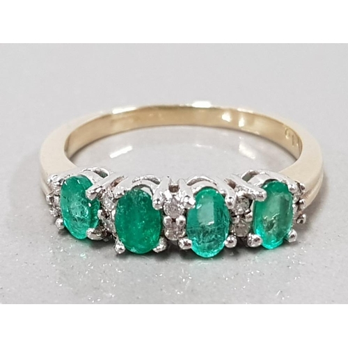 60 - 9CT YELLOW GOLD EMERALD AND DIAMOND FOUR STONE RING APPROXIMATELY 0.10CTS DIAMONDS 2.8G SIZE Q