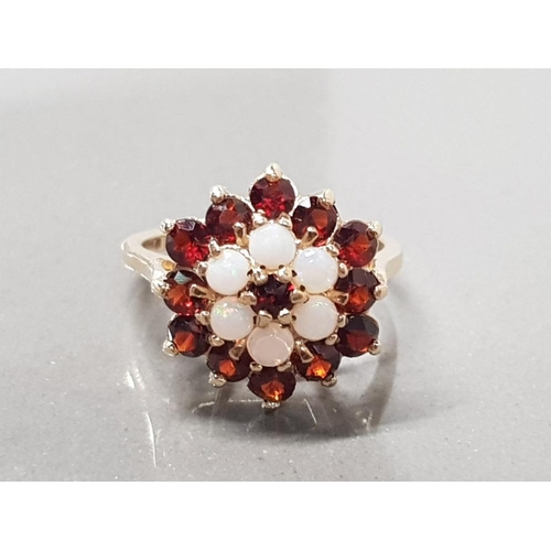 222 - 9CT YELLOW GOLD GARNET AND OPAL CLUSTER RING SIZE L1/2 3.1GRAMS