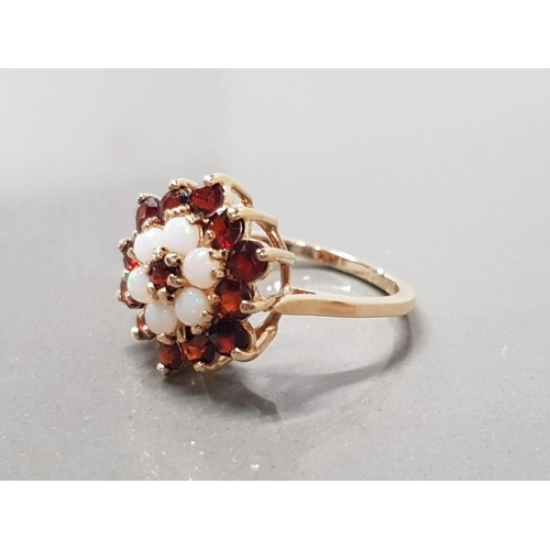 222 - 9CT YELLOW GOLD GARNET AND OPAL CLUSTER RING SIZE L1/2 3.1GRAMS