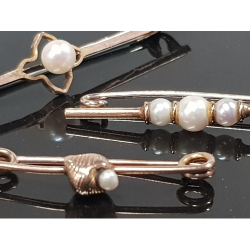 337 - 3 PEARL BAR BROOCHES, 2 LARGER ONES IN 9CT