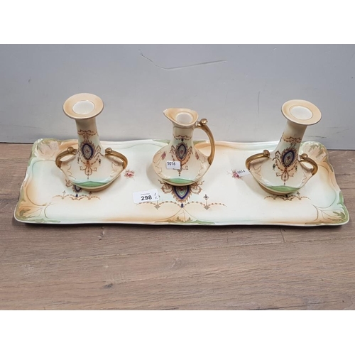 298 - FIELDING CROWN DEVON LONG BLUSH DRESSING TRAY CANDLESTICKS AND JUG