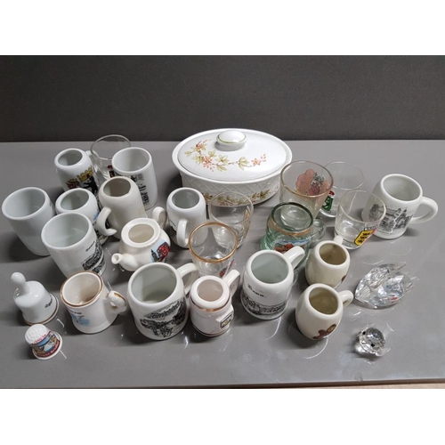 306 - A TRAY OF MINIATURE CRESTED STEINS INCLUDING KPM, BAVARIA ETC, SHOT GLASSES AND A SWAROVSKI SWAN AND... 