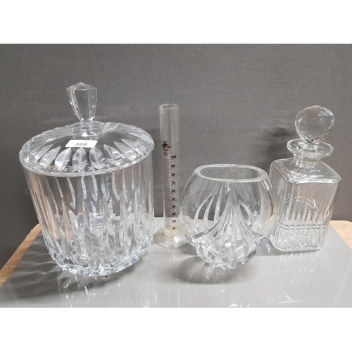 308 - A LARGE GLASS ICE BUCKET, DECANTER, VASE AND A GOLDLINE MEASURE