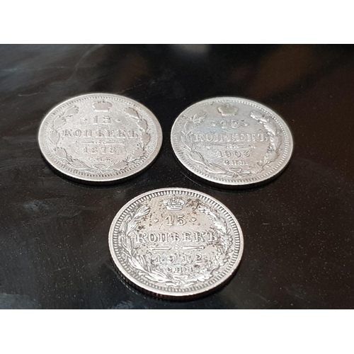 321 - 3 ANTIQUE RUSSIAN SILVER 15 KOPEK COINS DATING 1878 1903 AND 1912