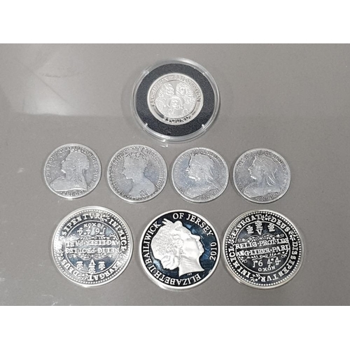 342 - 4 SILVER FLORIN COINS DATED PRE 1947, 2 DATED 1899, ALSO INCLUDES SILVER 5 AND 2 POUNDS SILVER REVOL... 