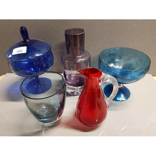 366 - SCANDINAVIAN AND WHITEFRIARS STYLE STUDIO GLASSWARE, AND A CRANBERRY GLASS JUG (5)