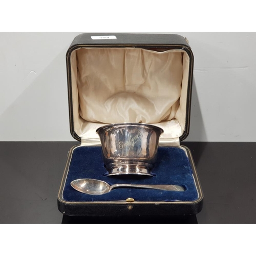 394 - SILVER PLATED CHRISTENING BOWL AND SPOON, ENGRAVED WITH EVELYN NAME IN ORIGINAL PRESENTATION CASE