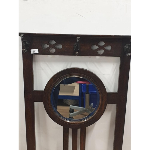 397 - ARTS AND CRAFTS HALL STAND MIRROR WITH BEVEL EDGE AND COAT HOOKS