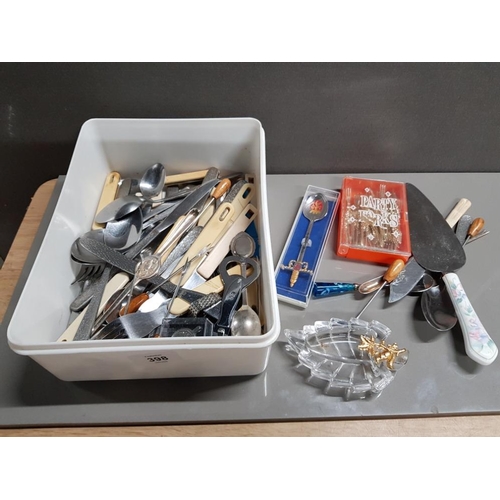 398 - A BOX OF ASSORTED CUTLERY, DECORATIVE SPOONS, CAKE SLICE ETC