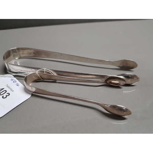 403 - TWO SETS OF ANTIQUE SILVER SUGAR TONGS, THE SMALLER BEING SHEFFIELD 1904 MAKER JB 15.5G, THE LARGER ... 