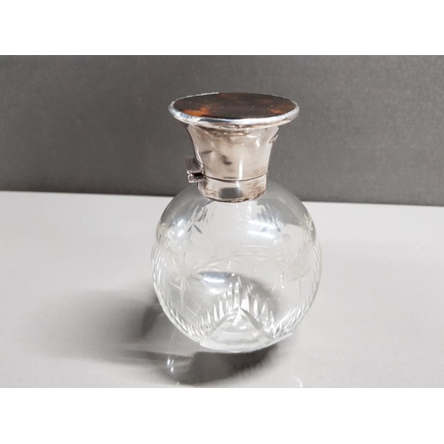 406 - GLASS PERFUME BOTTLE WITH SILVER AND TORTOISESHELL MOUNTS, MOUTH BLOWN HAND ETCHED WITH SWAGS, POLIS... 