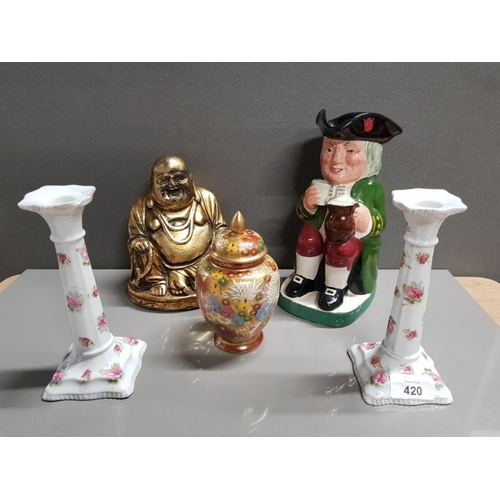 420 - A STAFFORDSHIRE TOBY JUG (AF), A PAIR OF CERAMIC CANDLESTICKS WITH ROSE DECORATION, A JAPANESE SATSU... 