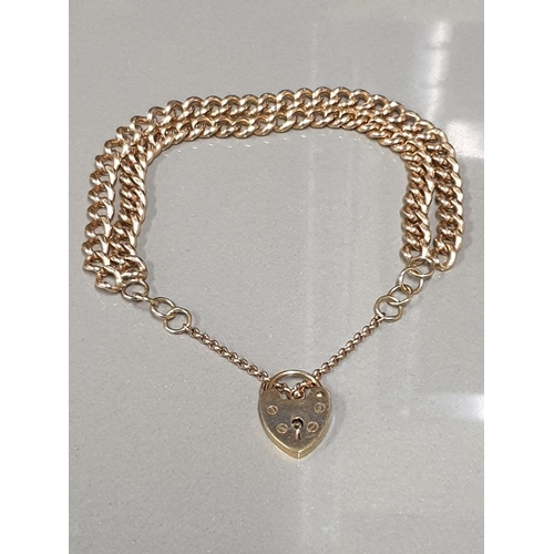 551 - HEAVY 9CT GOLD DOUBLE LINK CURB BRACELET WITH HEART SHAPED CLASP 30.3GRAMS