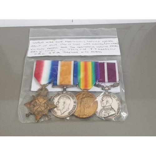 25 - MEDALS GROUP OF FOUR 1914/15 STAR TRIO PLUS MERITORIOUS SERVICE MEDAL TO 73912 PRE J T HARRISON 37/D... 