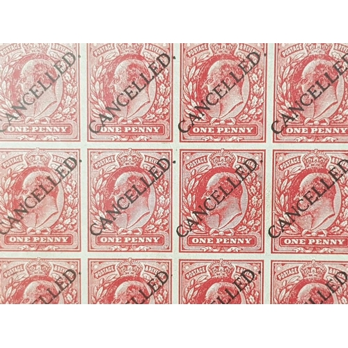 27 - STAMPS 1911 1D SCARLET IMPERFORATE BLOCK OF 15 ON GUMMED WATERMARKED PAPER OVER PRINTED 'CANCELLED' ... 