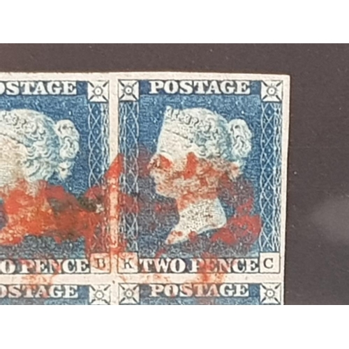 28 - STAMPS 1840 TWOPENCE BLUE PLATE 1 BLOCK OF FOUR (KB-LC) CLOSE OR TOUCHED MARGIN AT LOWER LEFT BUT GO... 