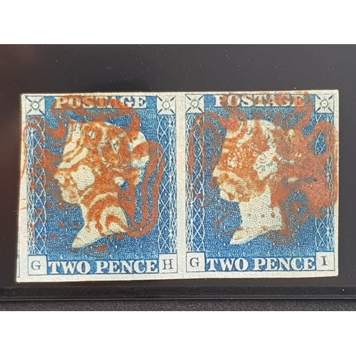 53 - 1840 TWO PENCE STAMP BLUE PLATE 1 GH/GI HORIZONTAL PAIR WITH GOOD TO LARGE MARGINS ALL ROUND CANCELL... 